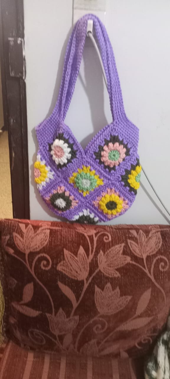 Handmade crochet shoulder bag in soft lavender