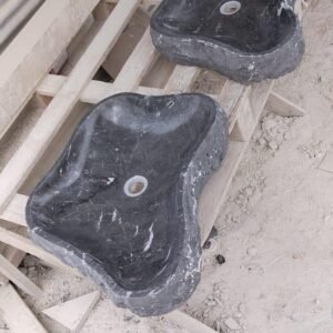 Hand-Carved Organic Black Stone Vessel Sinks – Pair