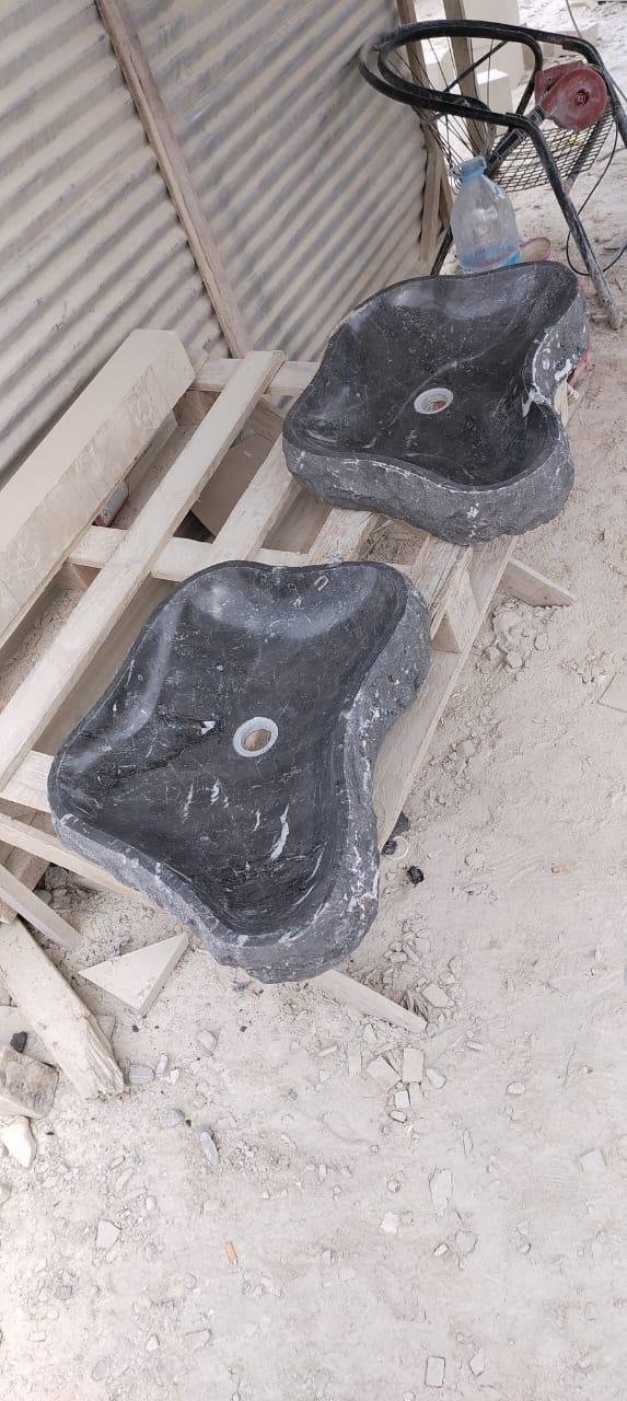 Hand-Carved Organic Black Stone Vessel Sinks – Pair
