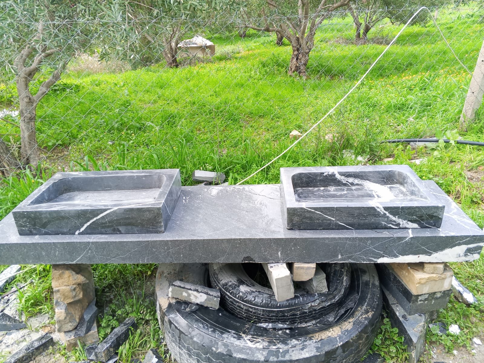 Hand-Carved Black Marble Double Trough Sink