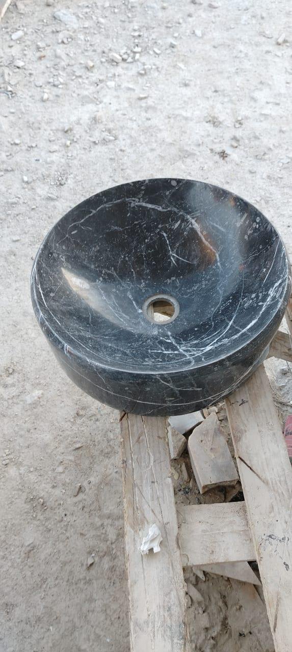 Hand-Carved Black Marble Round Vessel Sink