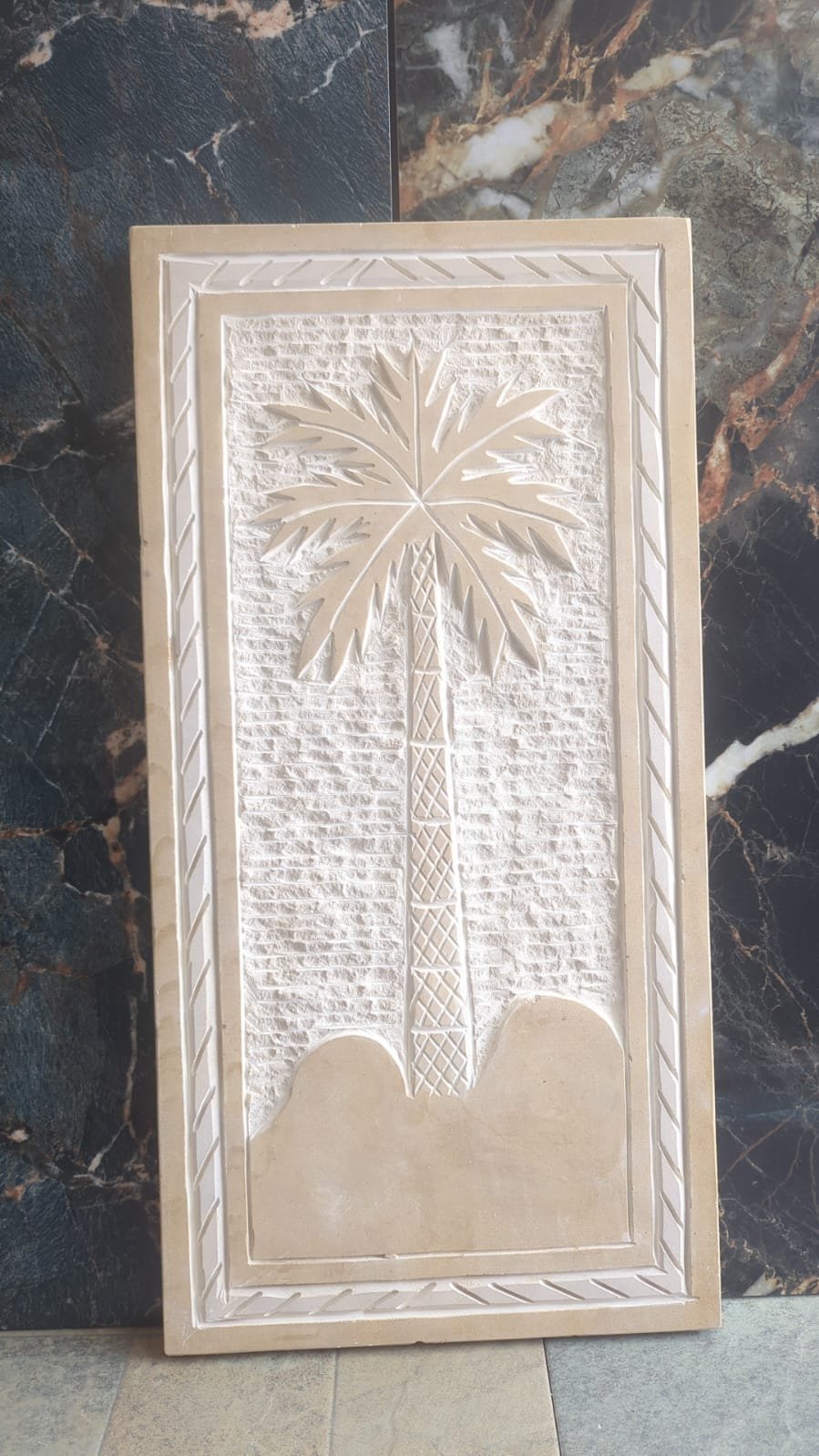 Hand-Carved Stone Palm Tree Wall Panel