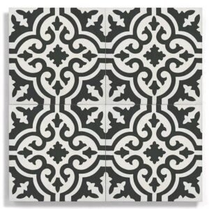 Moroccan Quatrefoil Scroll Cement Tile – Graphite & Ivory