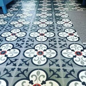Moroccan Clover Scroll Cement Tile – Navy, Silver & Coral Accent