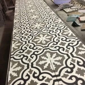 Moroccan Interlocking Scroll Cement Tile – Graphite, Dove Gray & White