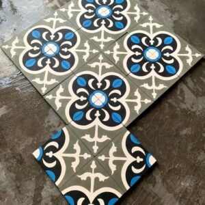 Moroccan Ornamental Clover Cement Tile – Charcoal, Sky Blue & Sage